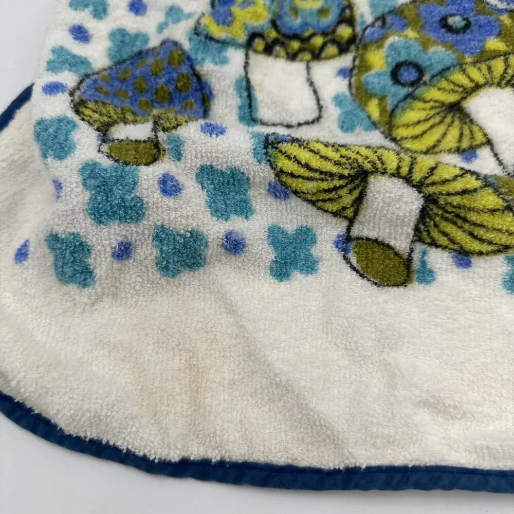 Vintage Mushroom Butterfly Terry Cloth Kitchen Blue Half Apron Retro 70s